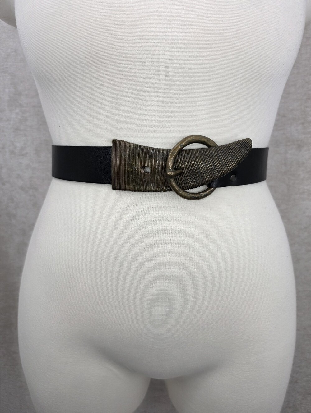 Vintage Italian Leather Belt Brutalist Rigid Horn Shaped Oversized Metal Buckle